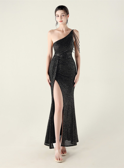 In Stock:Ship in 48 Hours Cheap Black One Shoulder Sequins Split Party Dress