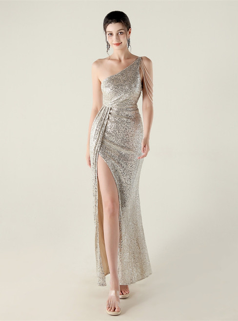 In Stock:Ship in 48 Hours Silver One Shoulder Sequins Split Party Dress