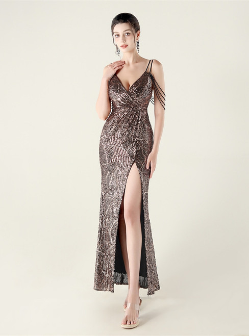 In Stock:Ship in 48 Hours Black Gold Sequins V-neck Party Dress