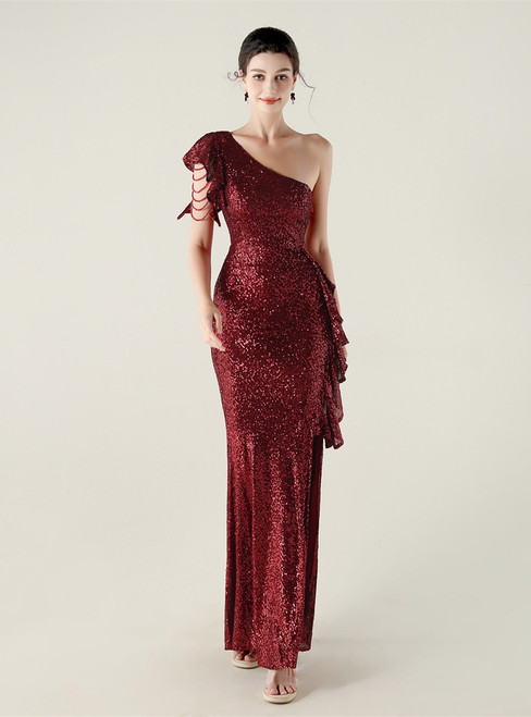 In Stock:Ship in 48 Hours Modest Burgundy Sequins One Shoulder Beading Party Dress