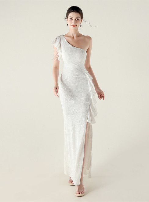 In Stock:Ship in 48 Hours Elegant White Sequins One Shoulder Beading Party Dress
