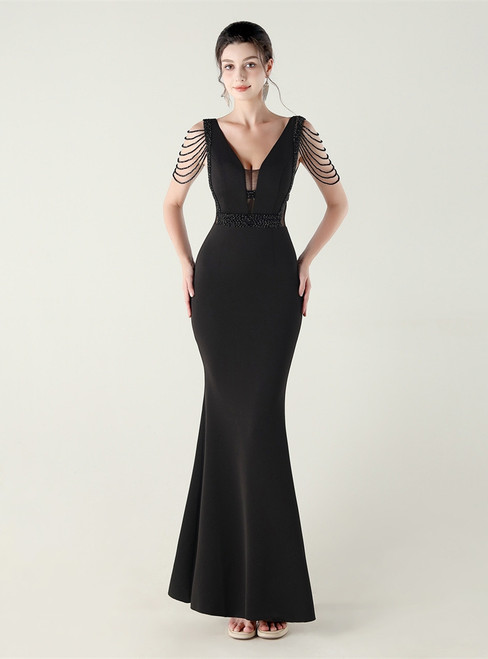 In Stock:Ship in 48 Hours Black Mermaid V-neck Beading Party Dress