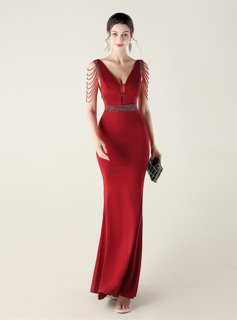 In Stock:Ship in 48 Hours Burgundy Mermaid V-neck Beading Party Dress
