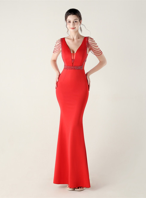 In Stock:Ship in 48 Hours Red Mermaid V-neck Beading Party Dress