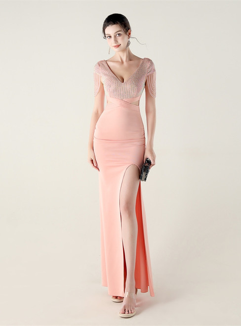 In Stock:Ship in 48 Hours Pink V-neck Beading Split Party Dress