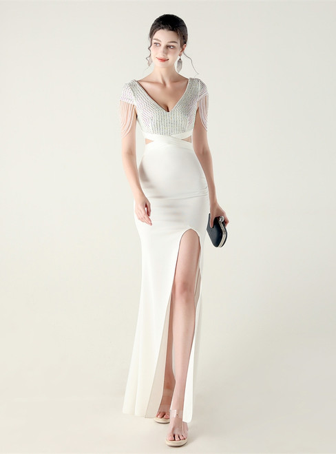 In Stock:Ship in 48 Hours White V-neck Beading Split Party Dress