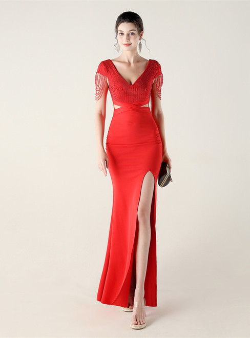 In Stock:Ship in 48 Hours Red V-neck Beading Split Party Dress