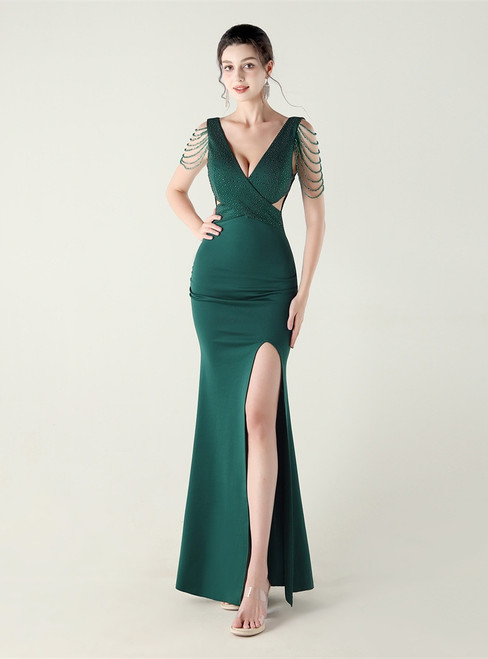 In Stock:Ship in 48 Hours Green V-neck Split Beading Party Dress