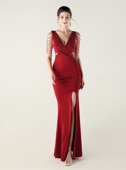 In Stock:Ship in 48 Hours Burgundy V-neck Split Beading Party Dress