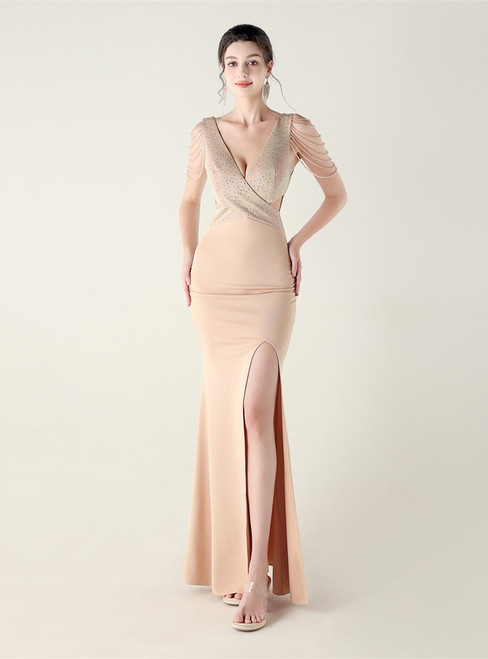 In Stock:Ship in 48 Hours Apricot V-neck Split Beading Party Dress
