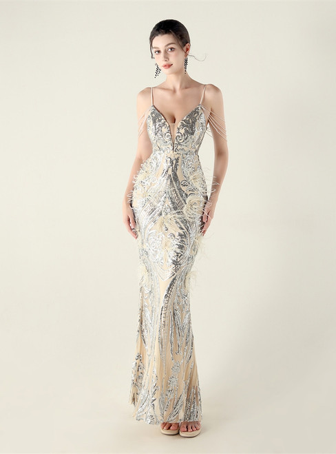 In Stock:Ship in 48 Hours Silver Sequins Feather Beading Party Dress