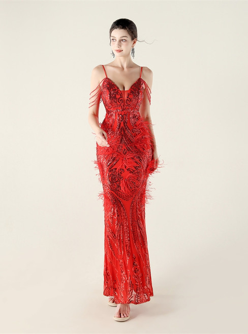 In Stock:Ship in 48 Hours Red Sequins Feather Beading Party Dress