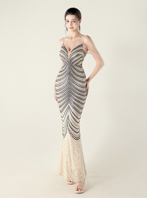 In Stock:Ship in 48 Hours Navy Blue Spaghetti Straps Beading Party Dress