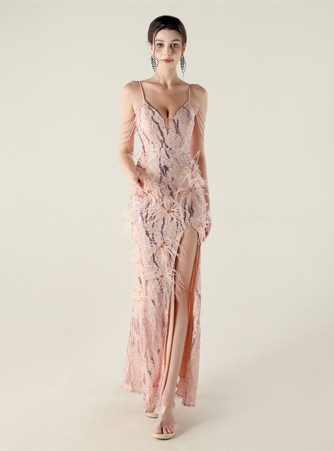 In Stock:Ship in 48 Hours Pink Sequins Straps Feather Party Dress