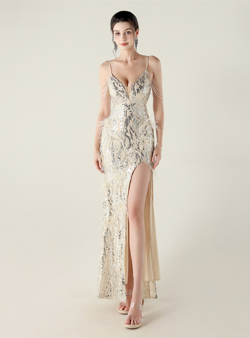 In Stock:Ship in 48 Hours Apricot Silver Sequins Straps Feather Party Dress