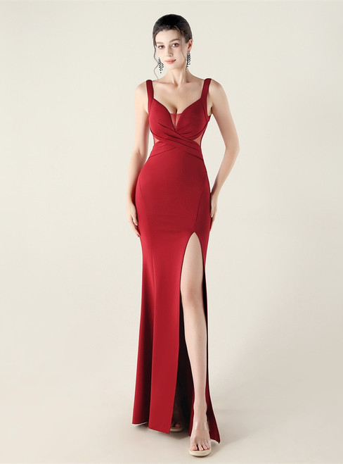 In Stock:Ship in 48 Hours Burgundy V-neck Pleats Split Party Dress