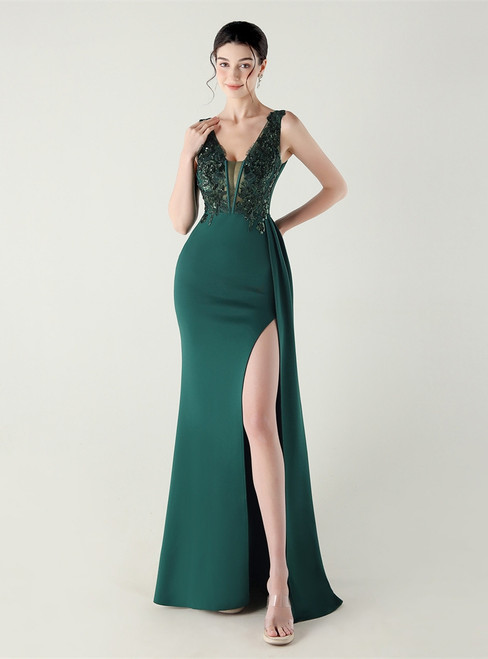In Stock:Ship in 48 Hours Green V-neck Appliques Party Dress