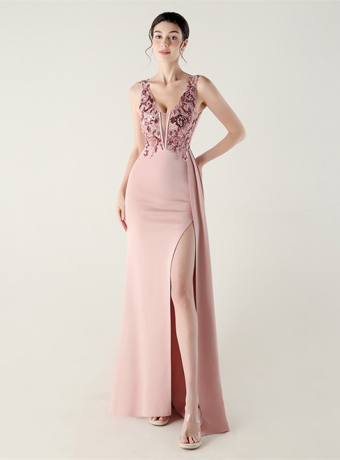 In Stock:Ship in 48 Hours Pink V-neck Appliques Party Dress