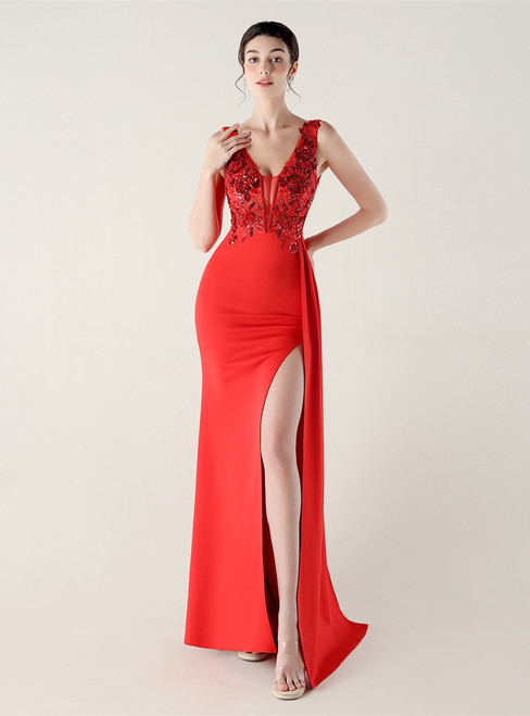 In Stock:Ship in 48 Hours Red V-neck Appliques Party Dress
