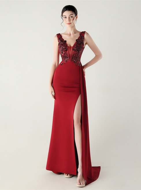 In Stock:Ship in 48 Hours Burgundy V-neck Appliques Party Dress