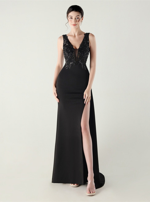 In Stock:Ship in 48 Hours Black V-neck Appliques Party Dress