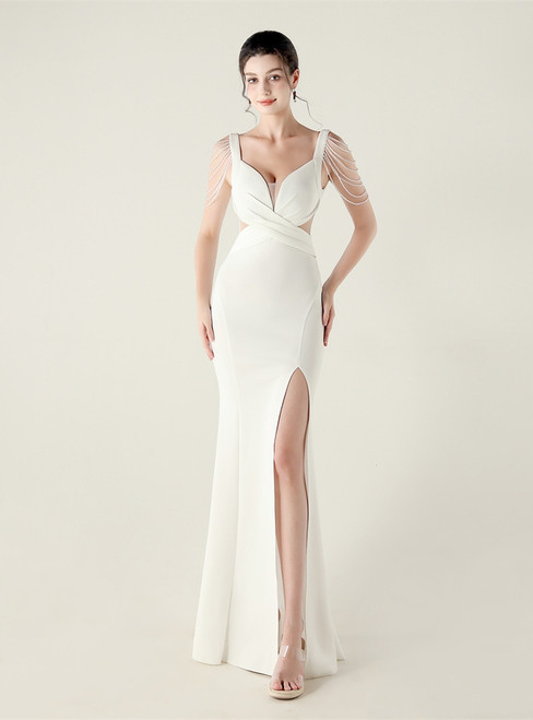 In Stock:Ship in 48 Hours White Straps Beading Split Party Dress