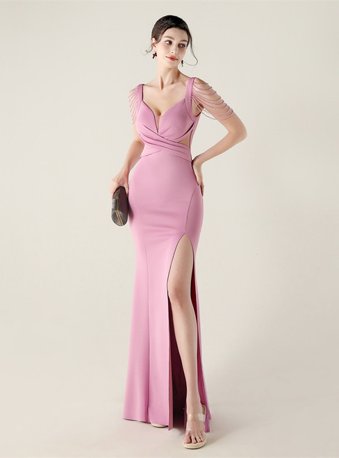 In Stock:Ship in 48 Hours Purple Straps Beading Split Party Dress