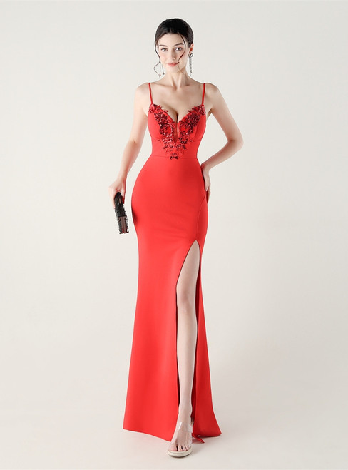 In Stock:Ship in 48 Hours Red Straps Sequins Appliques Party Dress