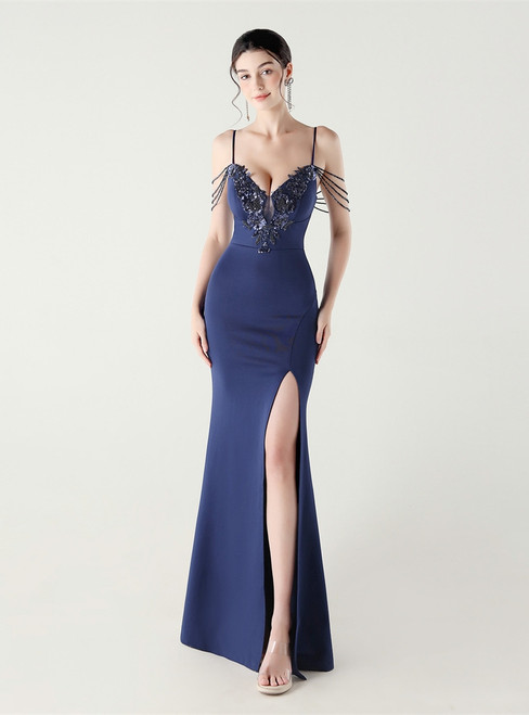 In Stock:Ship in 48 Hours Navy Blue Mermaid Straps Appliques Party Dress