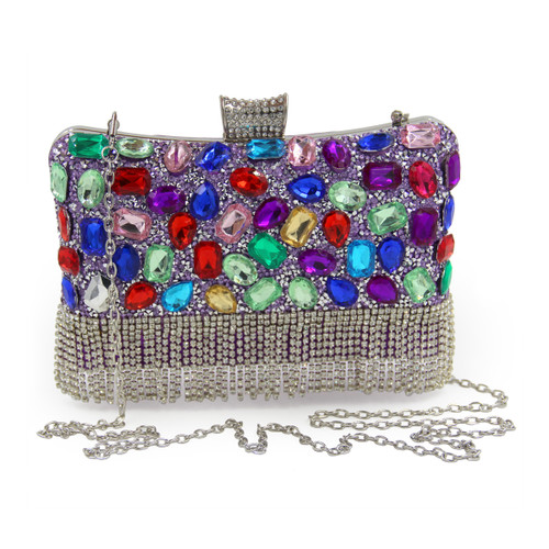 Women Evening Bags Multi Purple Diamond Tassels Party Purse