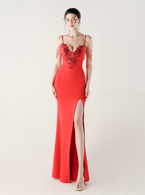 In Stock:Ship in 48 Hours Red Mermaid Straps Appliques Party Dress