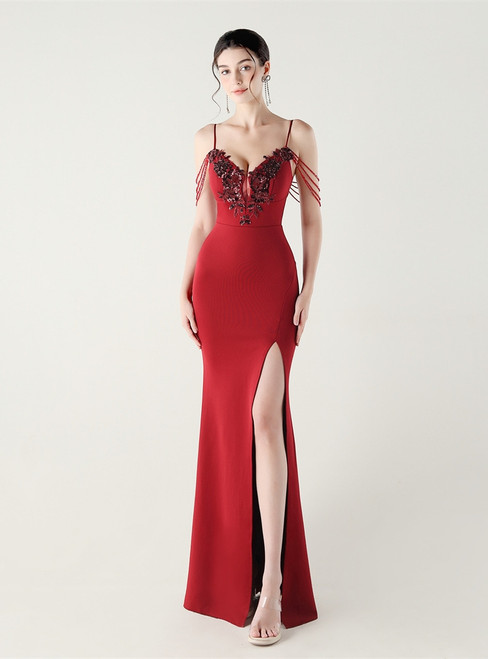 In Stock:Ship in 48 Hours Burgundy Mermaid Straps Appliques Party Dress