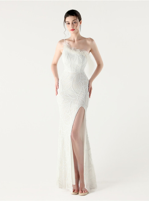 In Stock:Ship in 48 Hours Fashion White One Shoulder Sequins Feather Party Dress