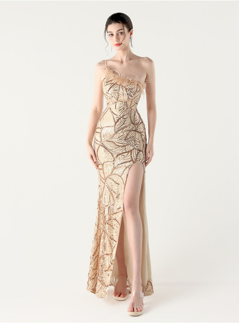 In Stock:Ship in 48 Hours Cheap Gold One Shoulder Sequins Feather Party Dress