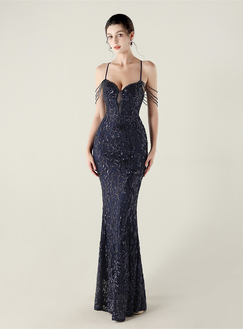 In Stock:Ship in 48 Hours New arrivals Navy Blue Sequins Straps Party Dress