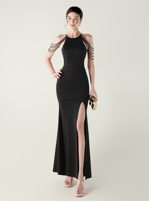 In Stock:Ship in 48 Hours Black Halter Beading Party Dress