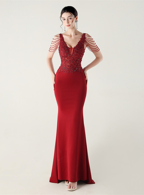 In Stock:Ship in 48 Hours Burgundy V-neck Lace Beading Party Dress