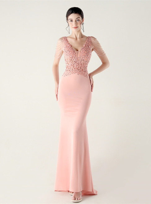 In Stock:Ship in 48 Hours Pink V-neck Lace Beading Party Dress