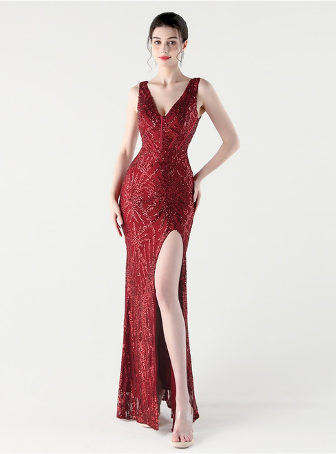 In Stock:Ship in 48 Hours Burgundy Sequins V-neck Sleeveless Party Dress