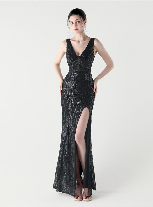 In Stock:Ship in 48 Hours Black Sequins V-neck Sleeveless Party Dress