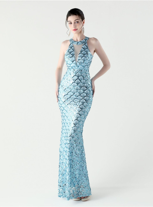 In Stock:Ship in 48 Hours Sky Blue Mermaid Sequins Halter Party Dress