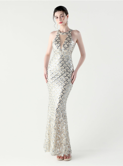 In Stock:Ship in 48 Hours Silver Mermaid Sequins Halter Party Dress