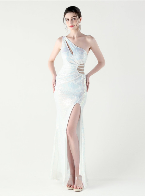In Stock:Ship in 48 Hours Cute White Mermaid Sequins One Shoulder Beading Party Dress