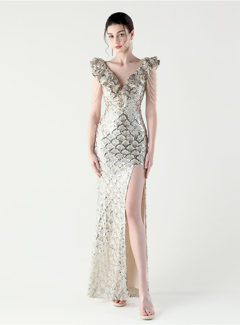 In Stock:Ship in 48 Hours Cheap Silver Sequins Split Beading Party Dress