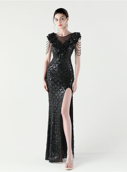 In Stock:Ship in 48 Hours Black Sequins Split Beading Party Dress
