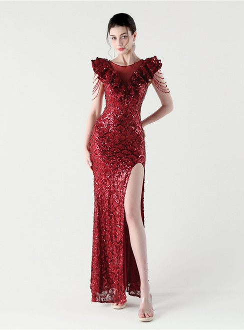 In Stock:Ship in 48 Hours Fancy Burgundy Sequins Split Beading Party Dress