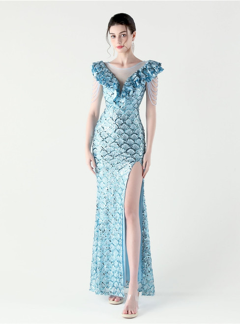 In Stock:Ship in 48 Hours Hot Sale Sky Blue Sequins Split Beading Party Dress