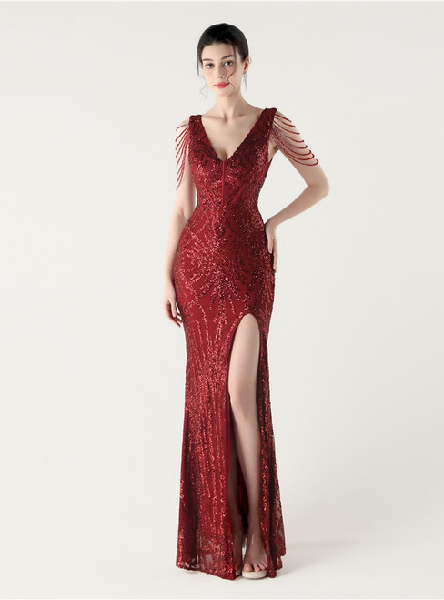 In Stock:Ship in 48 Hours Unique Burgundy Sequins V-neck Beading Party Dress