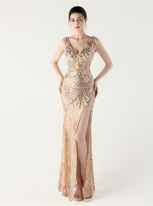 In Stock:Ship in 48 Hours Unique Gold Sequins V-neck Beading Party Dress