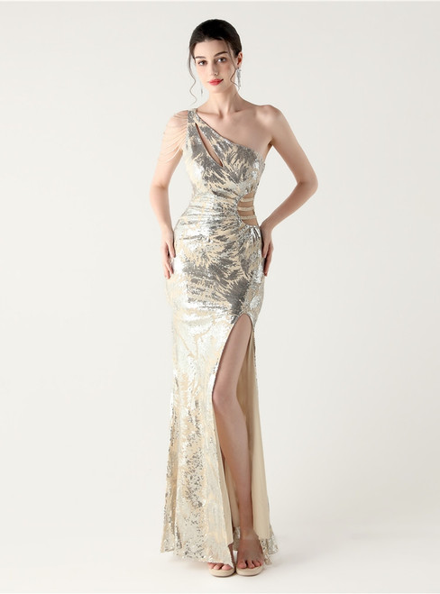 In Stock:Ship in 48 Hours Apricot Silver One Shoulder Sequins Split Beading Party Dress
